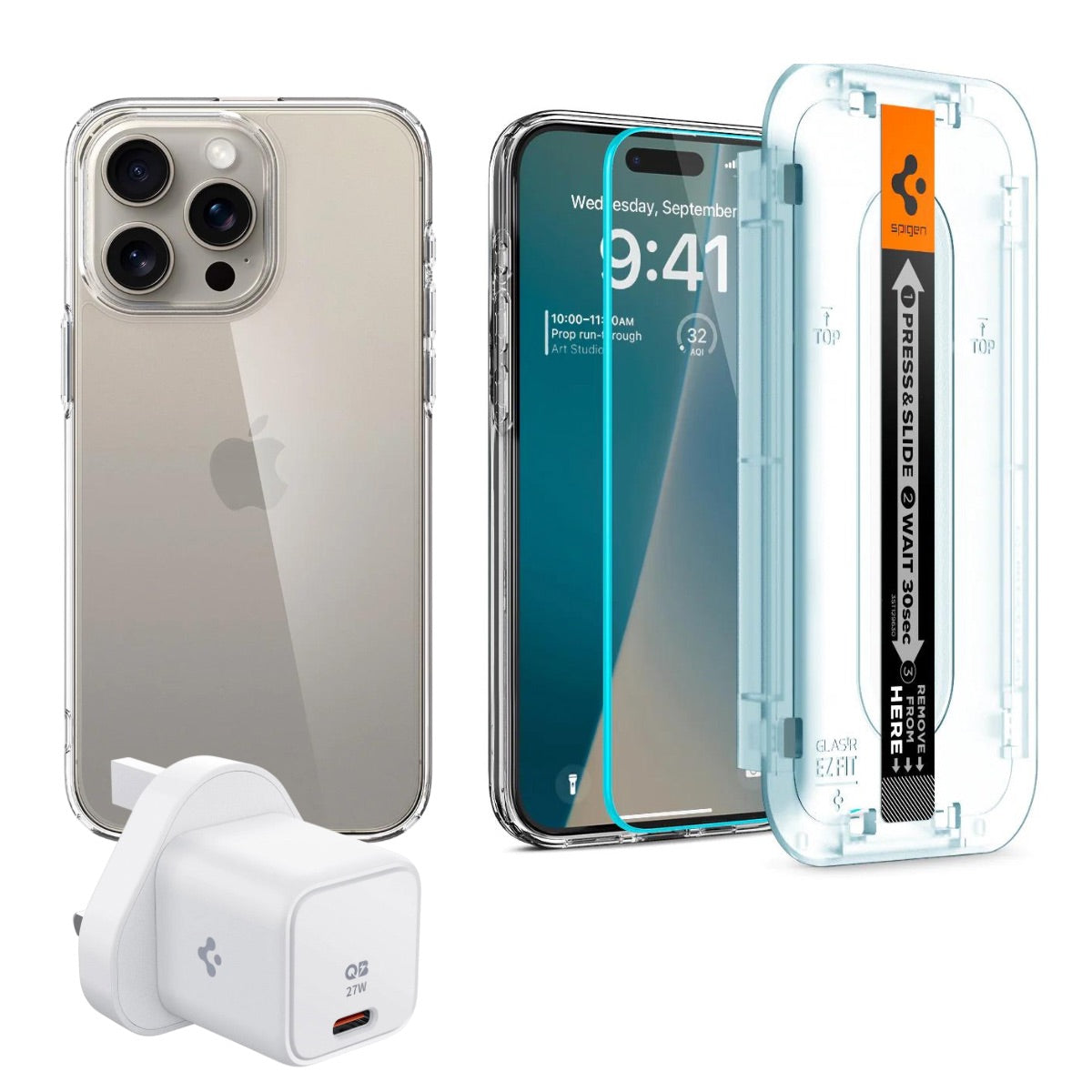 Spigen iPhone 15 Pro Pack (Screen protector + Crystal Flex Clear Case + Spigen 27W ArcStation 27W Wall Charger)