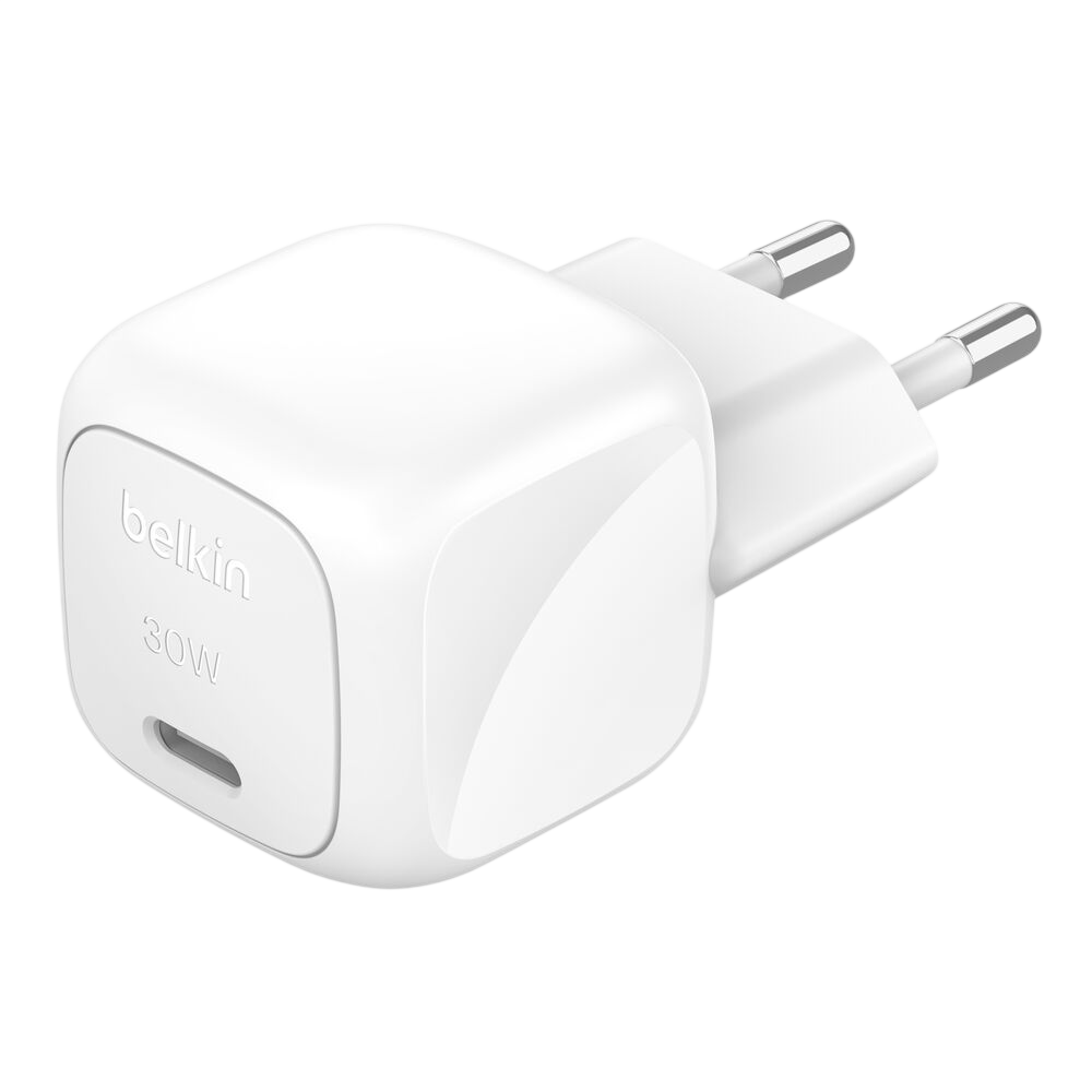 Belkin 30W USB-C wall charger quarter view EU plug