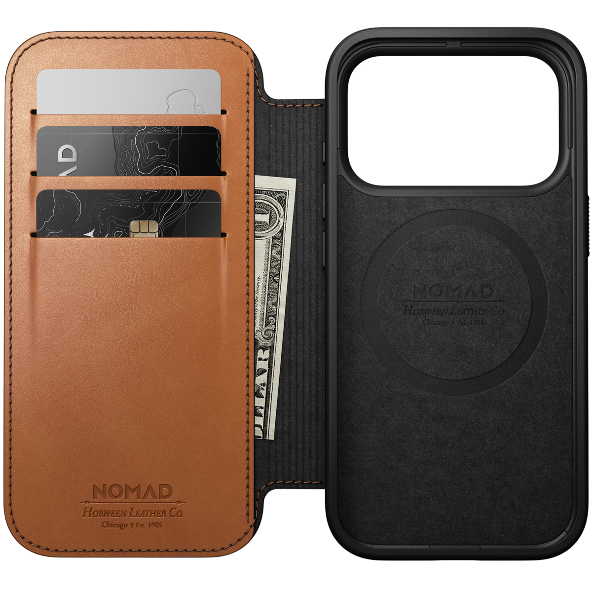 Nomad Modern Leather Folio Case for iPhone 18 Pro - Saddle (Horween), view 2