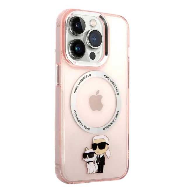 حافظة شفافة من السيليكون مع شعار Karl & Choupette باللون الوردي من Karl Lagerfeld لجهاز iPhone 16 Pro Max