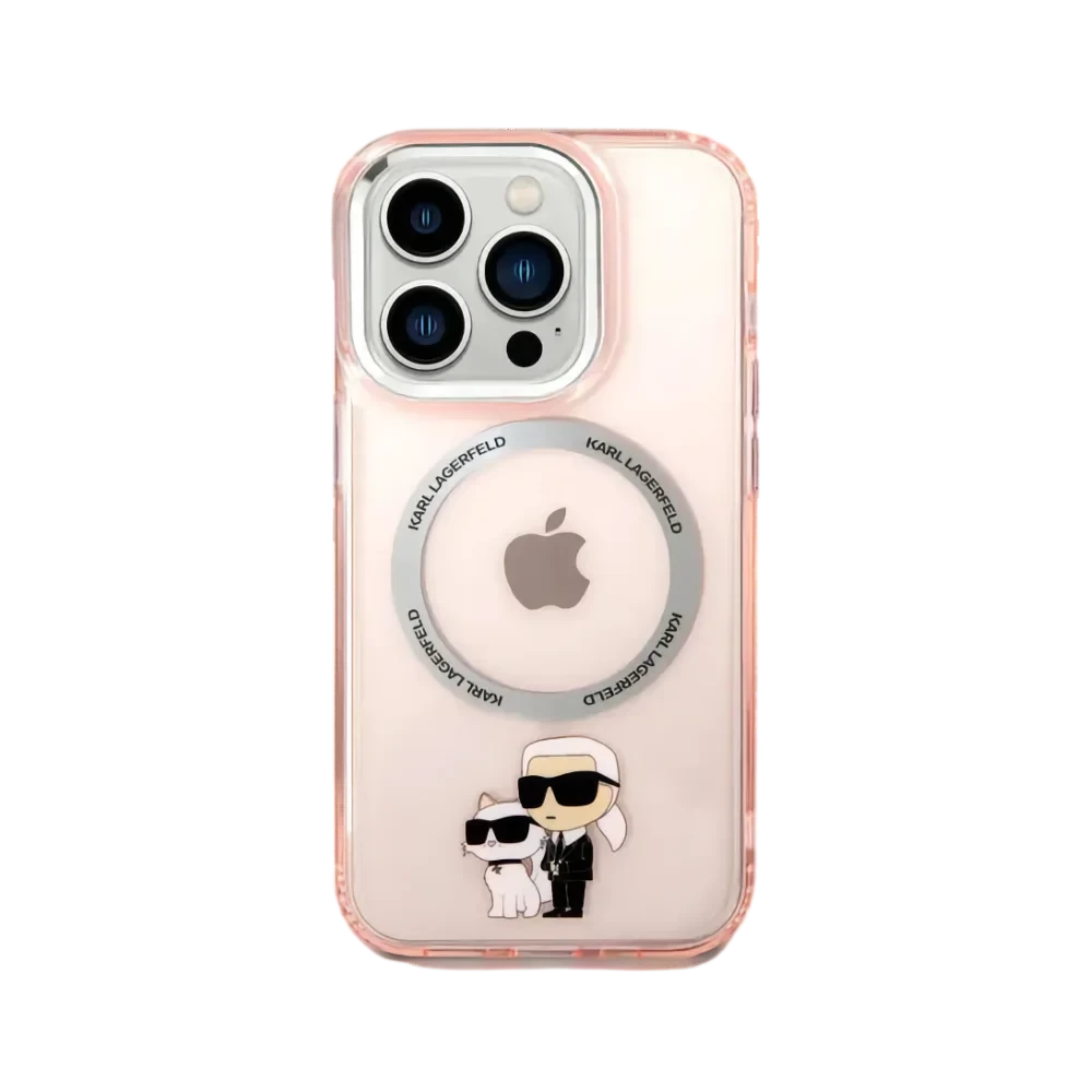 حافظة شفافة من السيليكون مع شعار Karl & Choupette باللون الوردي من Karl Lagerfeld لجهاز iPhone 16 Pro Max