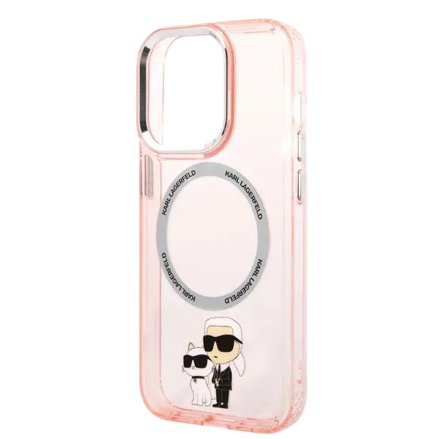 حافظة شفافة من السيليكون مع شعار Karl & Choupette باللون الوردي من Karl Lagerfeld لجهاز iPhone 16 Pro Max