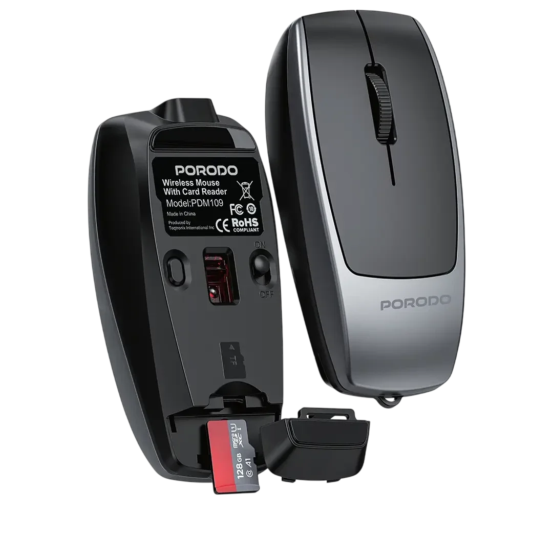 Porodo 1600DPI Wireless Mouse with Card Reader - Black #color_black