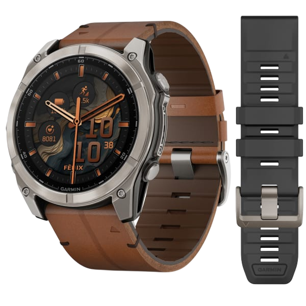 Garmin Fenix 8 AMOLED Sapphire Multisport GPS Smartwatch - Bare Titanium Black (Leather + Silicone)