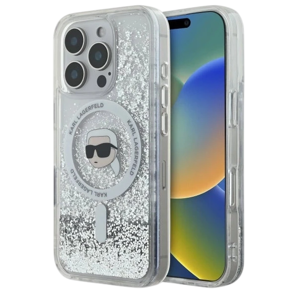 حافظة صلبة متلألئة سائلة من Karl Lagerfeld مع رأس Karl لجهاز iPhone 16 Pro Max، حماية من السقوط والصدمات، نحيفة وخفيفة الوزن، فتحات دقيقة للمنافذ - شفافة