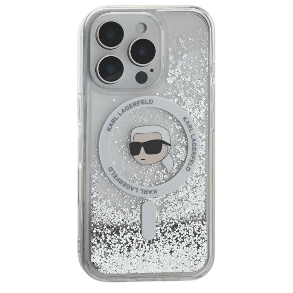 حافظة صلبة متلألئة سائلة من Karl Lagerfeld مع رأس Karl لجهاز iPhone 16 Pro Max، حماية من السقوط والصدمات، نحيفة وخفيفة الوزن، فتحات دقيقة للمنافذ - شفافة