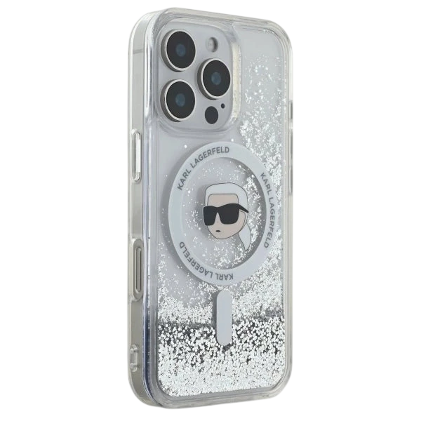 حافظة صلبة متلألئة سائلة من Karl Lagerfeld مع رأس Karl لجهاز iPhone 16 Pro Max، حماية من السقوط والصدمات، نحيفة وخفيفة الوزن، فتحات دقيقة للمنافذ - شفافة