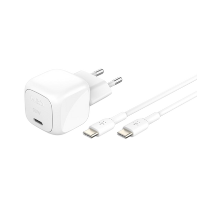 Belkin BoostCharge 30W wall charger with USB-C cable, 2-pin EU plug