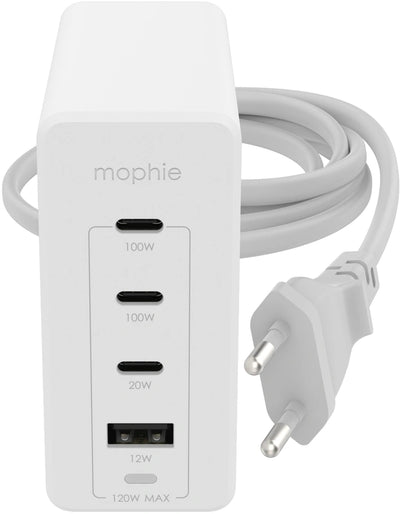 محول شحن جداري Mophie بثلاثة منافذ USB-C ومنفذ USB-A بقدرة 120 واط - أبيض
