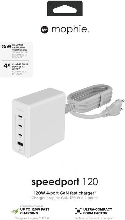 محول شحن جداري Mophie بثلاثة منافذ USB-C ومنفذ USB-A بقدرة 120 واط - أبيض