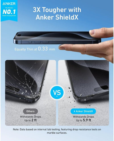 واقي شاشة Anker Easy Fit (ShieldX Glass) لـ iPhone 16 Pro (عبوة من قطعتين)