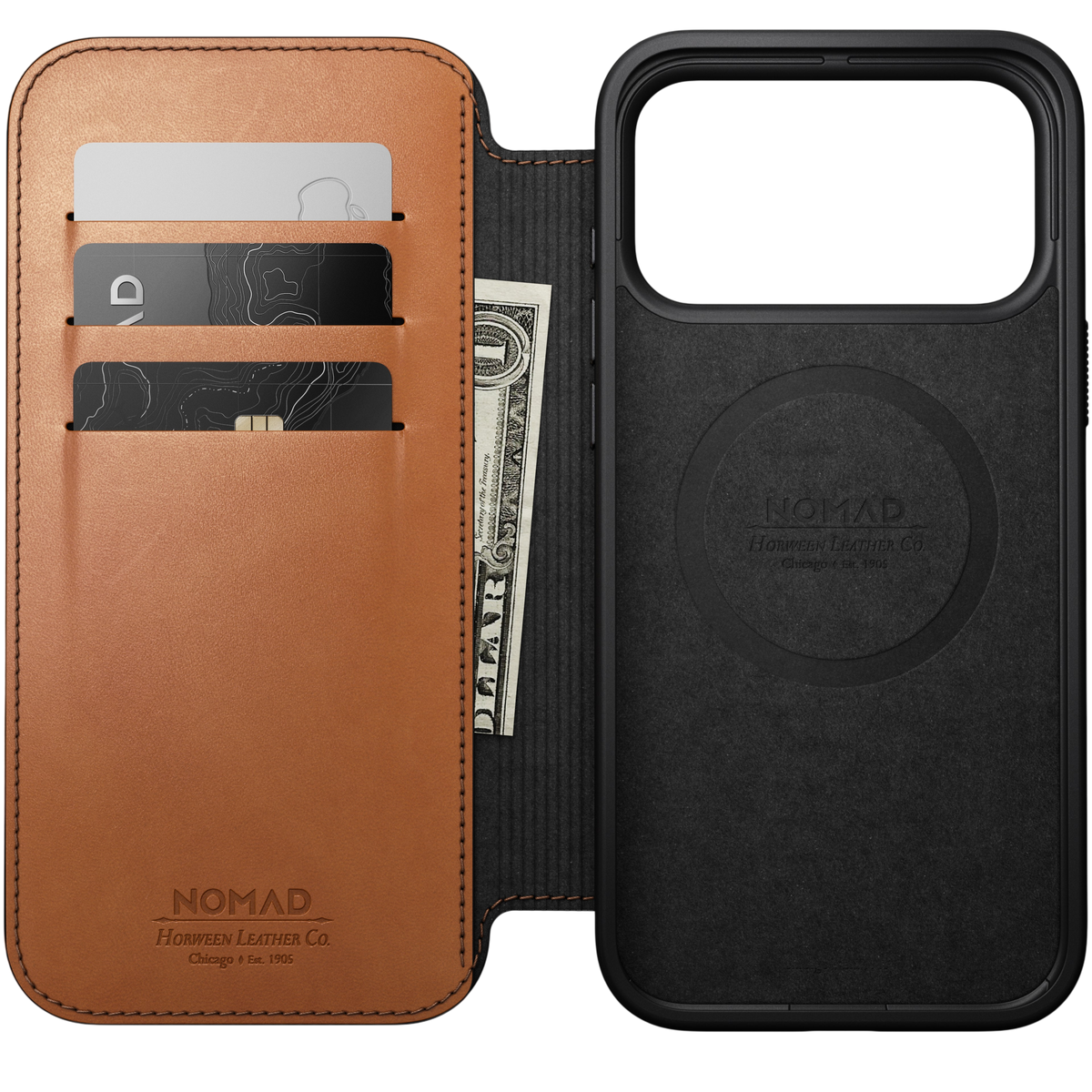 Nomad Modern Leather Folio Case for iPhone 18 Pro Max - Saddle (Horween), view 2 #color_saddle-horween