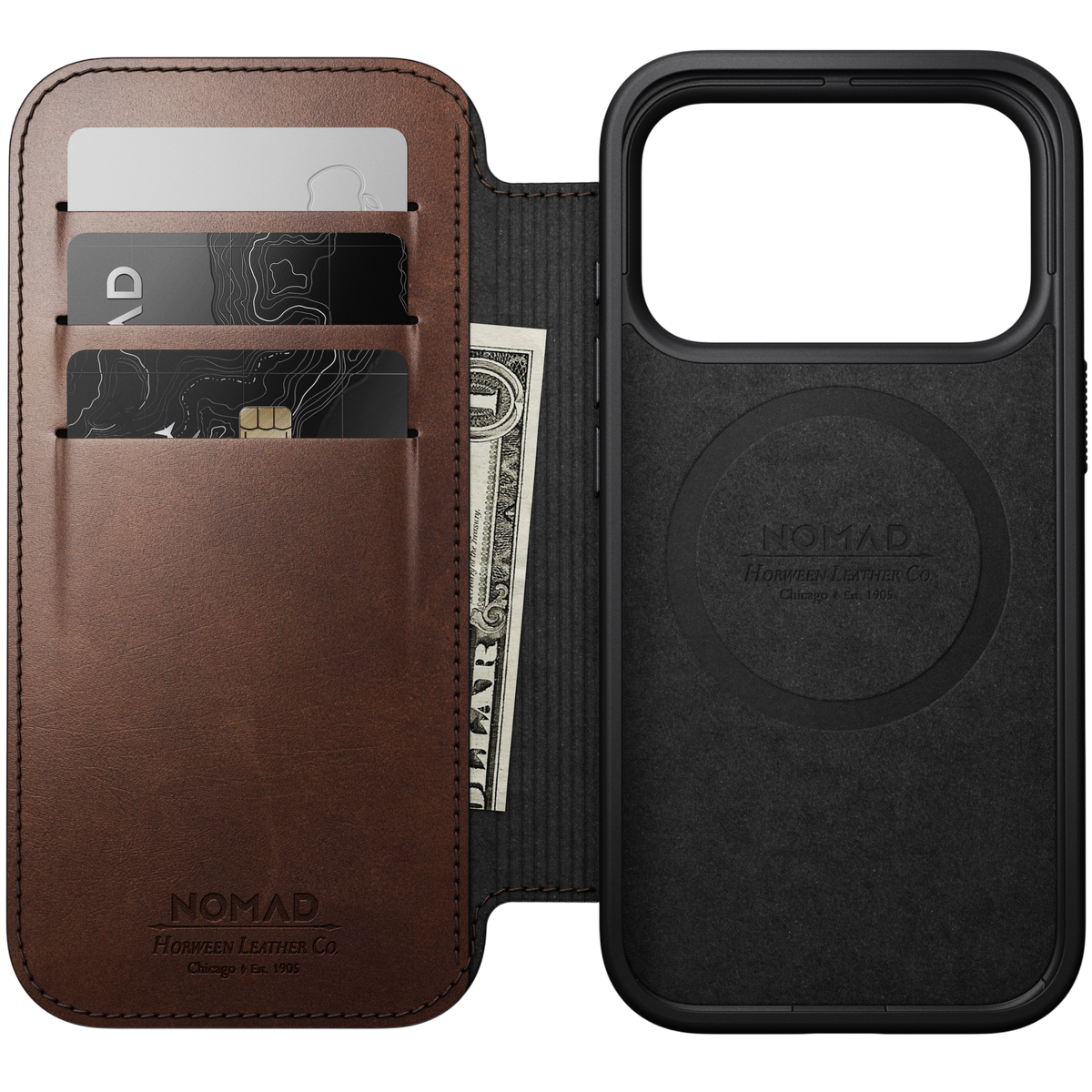 Nomad Modern Leather Folio Case for iPhone 18 Pro - Rustic Brown (Horween), view 2 #color_rustic-brown-horween