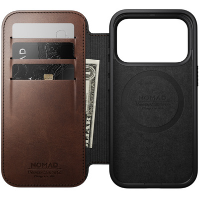 Nomad Modern Leather Folio Case for iPhone 18 Pro - Rustic Brown (Horween), view 2 #color_rustic-brown-horween