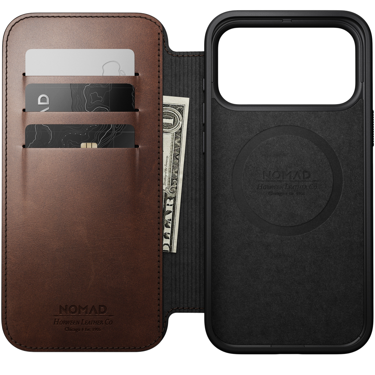 Nomad Modern Leather Folio Case for iPhone 18 Pro Max - Rustic Brown (Horween), view 2 #color_rustic-brown-horween