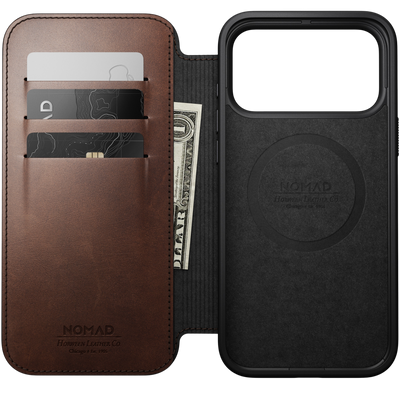 Nomad Modern Leather Folio Case for iPhone 18 Pro Max - Rustic Brown (Horween), view 2 #color_rustic-brown-horween