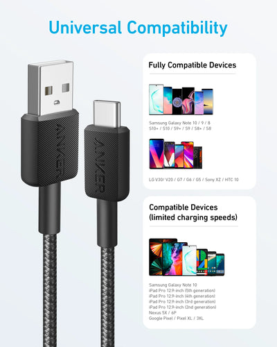 كابل Anker 322 من USB-A إلى USB-C مجدول 0.9 متر مع ضمان 18 شهرًا