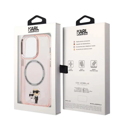 Karl Lagerfeld Magsafe IML NFT Karl &amp; Choupette Pink Silicone Transparent Hard Case for iPhone 16 Pro Max