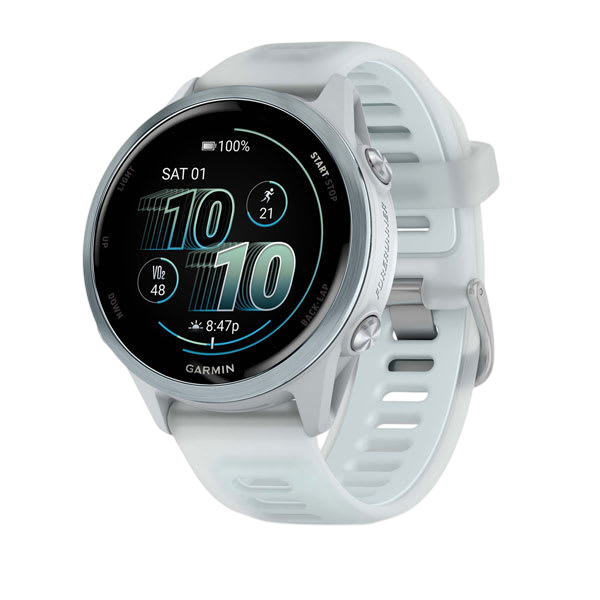 Garmin Forerunner 570 AMOLED GPS Running Smartwatch - Slate Gray Aluminium with Translucent Black Band - 42mm Cloud Blue 