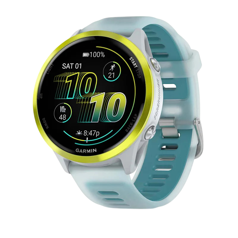 Garmin Forerunner 570 AMOLED GPS Running Smartwatch - Slate Gray Aluminium with Translucent Black Band - 47mm Amp Yellow 