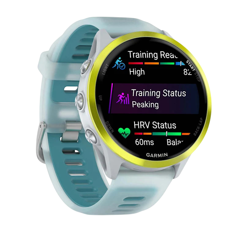 Garmin Forerunner 570 AMOLED GPS Running Smartwatch - Slate Gray Aluminium with Translucent Black Band - 47mm Amp Yellow 